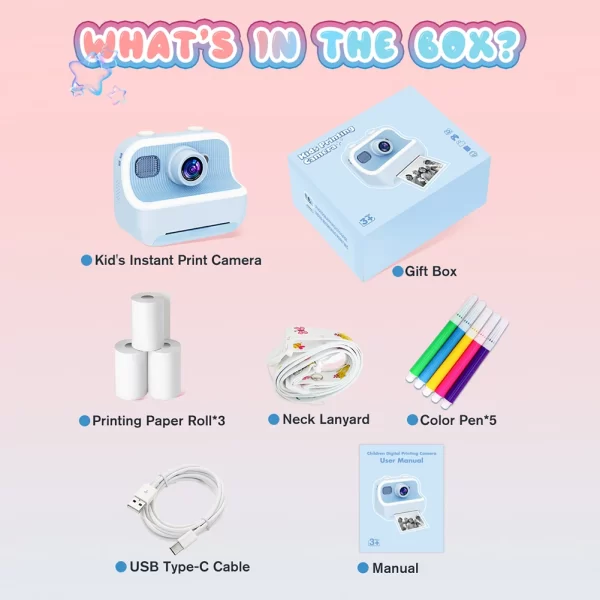 Instant Print Camera 2.4inch HD 1080P Kids Camera Dual Lens Video Recording Digital Camera Birthday Gift for Boys and Girls