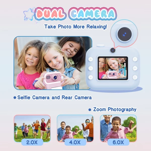 Instant Print Camera 2.4inch HD 1080P Kids Camera Dual Lens Video Recording Digital Camera Birthday Gift for Boys and Girls